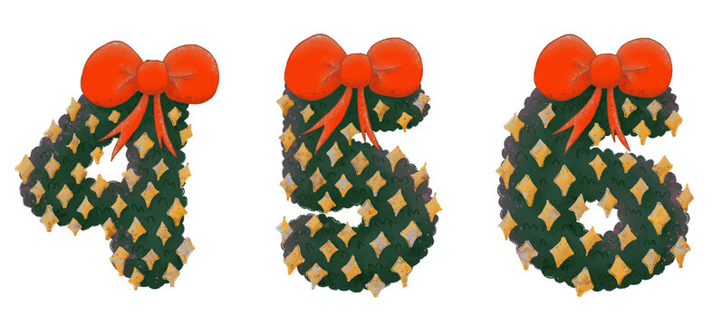 Christmas wreath-themed number 0 to 9 with decorative stars and a bow in a watercolor style.