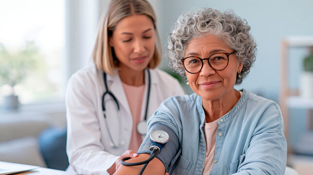Senior woman having blood pressure measured by female doctor during routine medical checkup, preventive healthcare and healthy aging concept