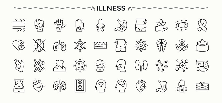 Illness icon set. Health thin web icons. Minimalist icons pack. Pain icon set. Editable stroke vector art.