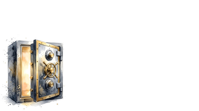 Watercolor open metallic safe door with glowing golden light concept on white