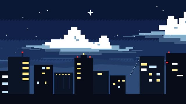 Nostalgic 16-bit retro pixel art night city skyline with illuminated skyscraper windows, blinking radio beacons, twinkling stars, and drifting cumulus clouds.