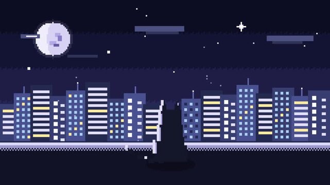 Nostalgic 16-bit retro pixel art animation of a lone cat sitting on a rooftop balcony looking at the illuminated city skyline under a glowing full moon with twinkling stars.