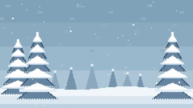 Nostalgic 16-bit retro pixel art winter landscape animation with snow-covered pine trees, distant foggy evergreen silhouettes, and gentle falling snowflakes in a seamless loop.