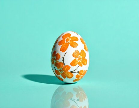 Painted Easter egg with orange floral design on bright turquoise surface, celebration and holiday decoration concept