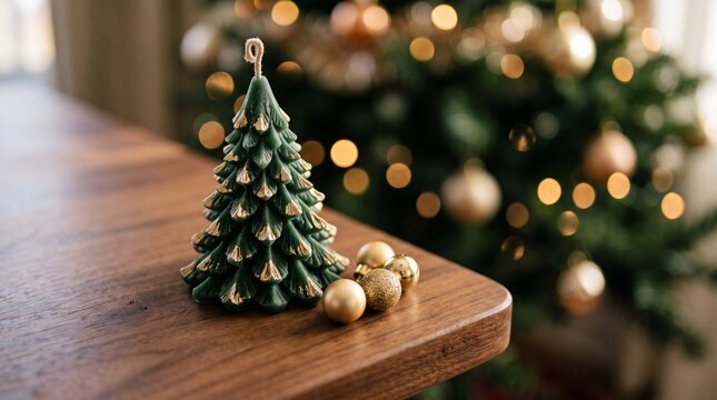 Small Decorative Christmas Tree Candle on Wooden Table with Bokeh Lights