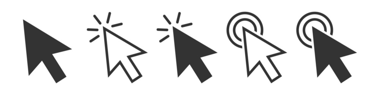 Cursor mouse click icon set featuring tap arrow icons and computer mouse cursor symbols for web and application interface design vector illustration