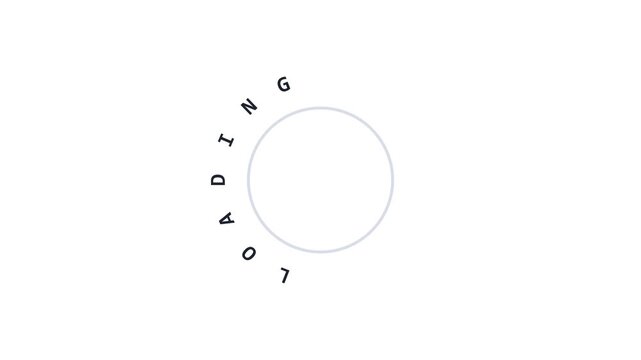 Minimalist circular loading indicator with dark animated text rotating along a thin curved arc line on white background