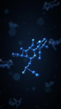 Rotating 3D molecule ball and stick model chemistry and pharmaceutical science background seamless loop in rich cyan tones vertical 9:16