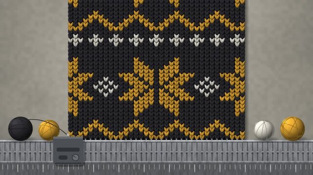 Nordic Fair Isle knit fabric being knitted row by row on a knitting machine, eight-point star, diamond and wave sweater pattern rising upward, winter holiday seamless loop in vibrant charcoal tones