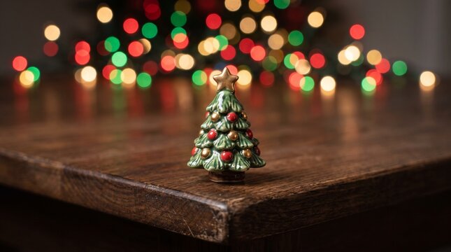 Miniature Decorative Christmas Tree Figurine on a Wooden Table with Festive Bokeh Background