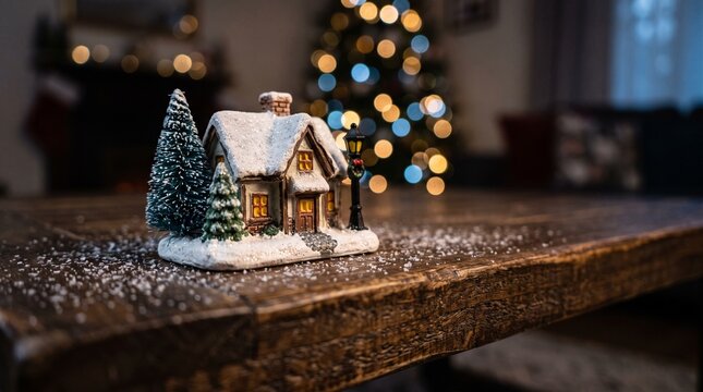 Miniature Snowy Christmas House Decoration on a Rustic Wooden Table