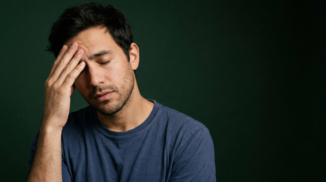 A pensive man deeply grappling with the weight of his thoughts and the profound impact on his mental health, expressing profound exhaustion and stress, signifying a silent struggle