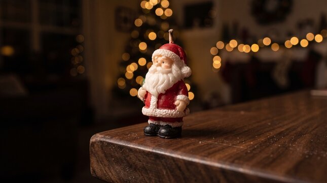 Festive Santa Claus Candle Figure on a Wooden Table for Christmas Decor