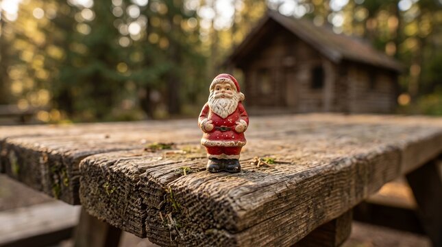 Small Santa Claus Figurine Placed on a Rustic Wooden Table in a Christmas Forest Setting