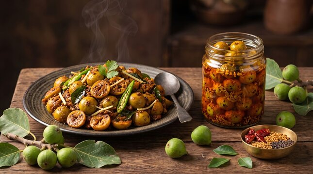 Traditional Indian Gular Ka Achar or Cluster Fig Pickle with Fresh Green Figs and Spices on Rustic Wooden Table
