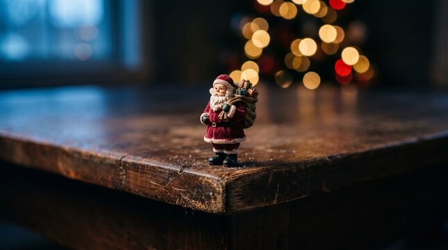 Small Santa Claus Figurine Standing on a Rustic Wooden Table During Christmas