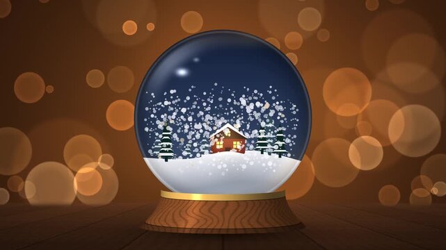 Glass snow globe with swirling snow around a tiny cabin and pine trees on a wooden base, warm bokeh lights, seamless loop in rich amber tones