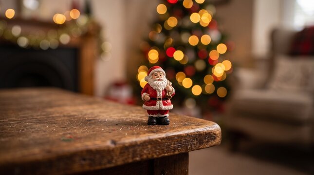 Small Santa Claus Figurine Placed on a Rustic Table in a Cozy Christmas Living Room
