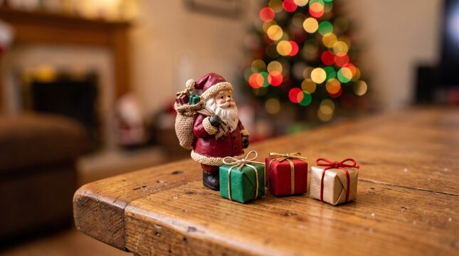 Miniature Santa Claus Figurine with Small Christmas Gift Boxes on a Wooden Table