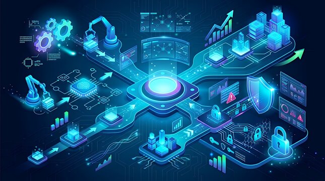 Advanced software platform concept showcasing intelligent automation symbols and information protection graphics illustrating corporate evolution within a contemporary electronic environment