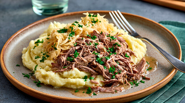 Slow cooked pulled beef with mashed potatoes, sauerkraut and fresh herbs served on plate, hearty homemade comfort food dinner