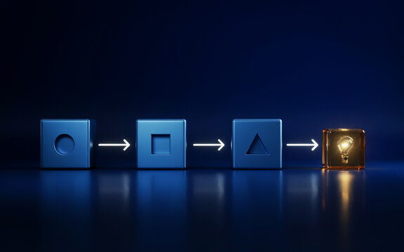 Cubes with geometric shapes and a glowing lightbulb symbol represent a sequential process and creative idea generation.