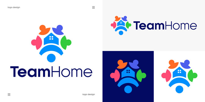 team home simple logo design, community real estate branding, people figures around house, family care and unity concept, colorful vector.