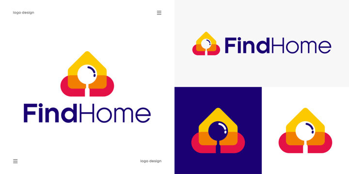 find home logo design, real estate search, property locator service, house with magnifying glass concept, modern transparent vector.

