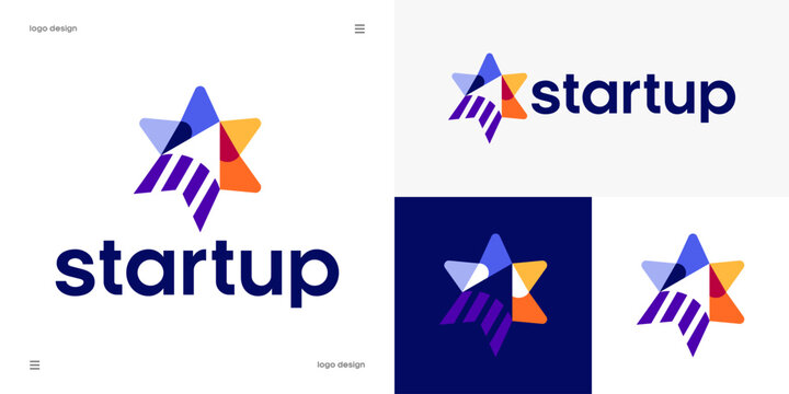 startup simple logo design, colorful launch star with rocket, innovation and business growth concept, dynamic vector icon.