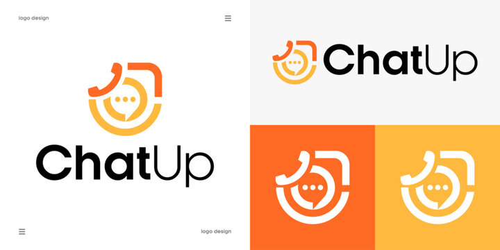 chat up logo design, social communication messenger, mobile phone and talk bubble concept, digital networking vector icon.