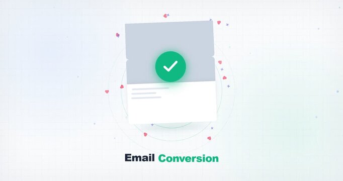 Digital marketing concept featuring an animated email conversion interface with a success checkmark icon representing successful subscriber engagement and lead generation strategy for business growth
