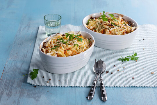 Vegan potato and pointed cabbage casserole with plant-based cheese
