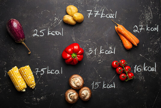 Raw Different vegetables with calories written on blackboard