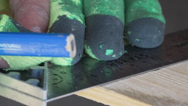Carpenter marking straight lines on a wooden beam using a steel square and pencil inside a workshop. Macro extreme close-up shot.