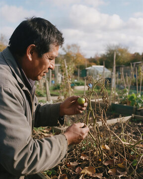 A dedicated gardener examining the last green tomato on a withered vine, capturing the poignant relation of human and autumn harvest time.
