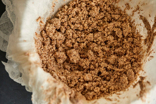 Almond pulp residue after straining to make almond milk