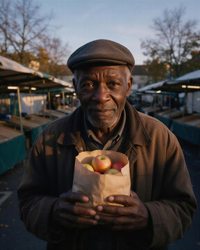 An elderly African American man holding fresh apples in a paper bag, reflecting the warm connection of human and autumn harvest season.