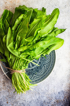 Bundle of fresh sorrel herb on a decorative plate over a natural