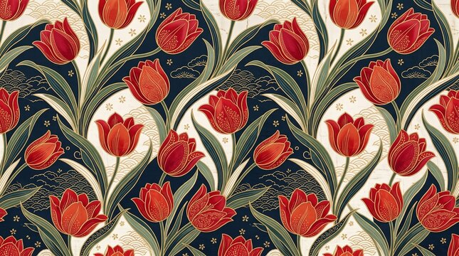 Vintage floral repeating pattern with red tulips and gold accents on