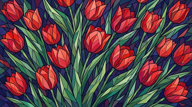 Abstract Stained Glass Style Red Tulip Bouquet Background Illustration