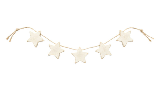 White wooden stars garland hanging on rustic twine creating a charming, handcrafted decoration for festive occasions or home decor.