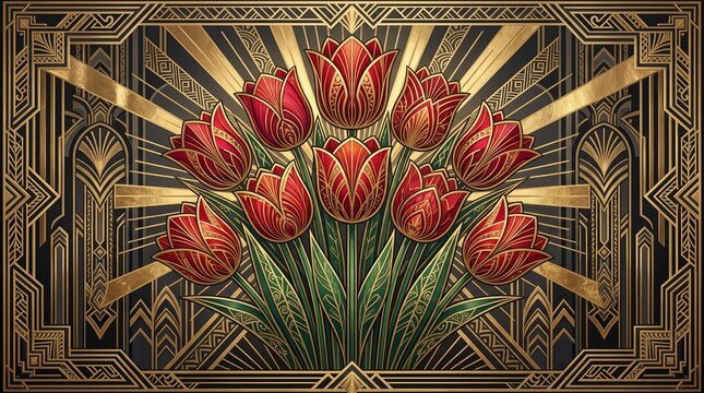 Red tulips bouquet with intricate gold geometric background radiant