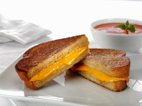 Grilled Cheddar cheese sandwich with tomato soup on white plate