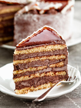 Dobos piece of Dobo cake slice with caramel glaze and chocolate cream