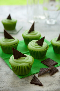 After Eight mint cupcakes topped with triangular chocolate decorations