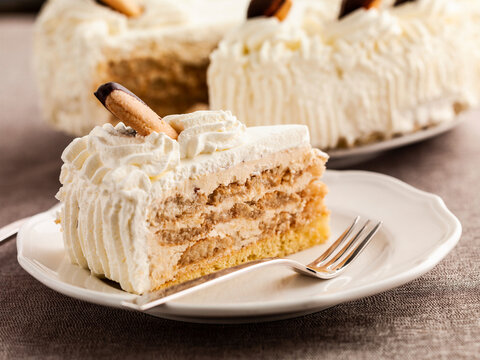 Slice of Malakoff cake with whipped cream and ladyfinger biscuit