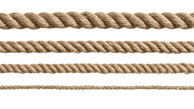 Four horizontal segments of natural brown jute fiber ropes with varying thickness