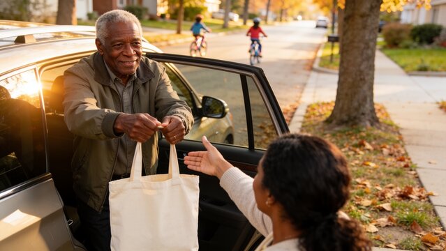 Handing senior man wearing jacket passing canvas tote bag to woman on sidewalk, copy space