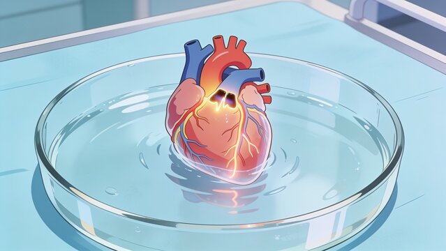 Displaying anatomical heart model showing glowing mark in petri dish on lab tray, with metal rail