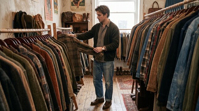 Young man browsing jackets in a vintage clothing store  